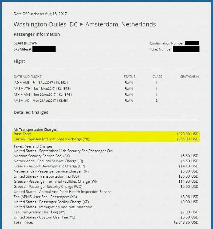 MQD calculation from flight receipt