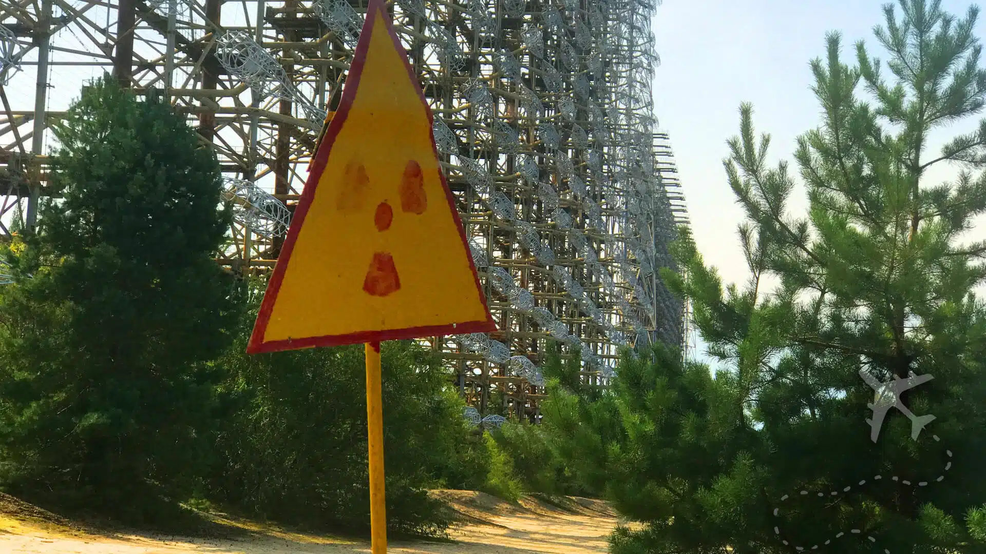Radiation warning sign in front of the Duga OTH antenna array.