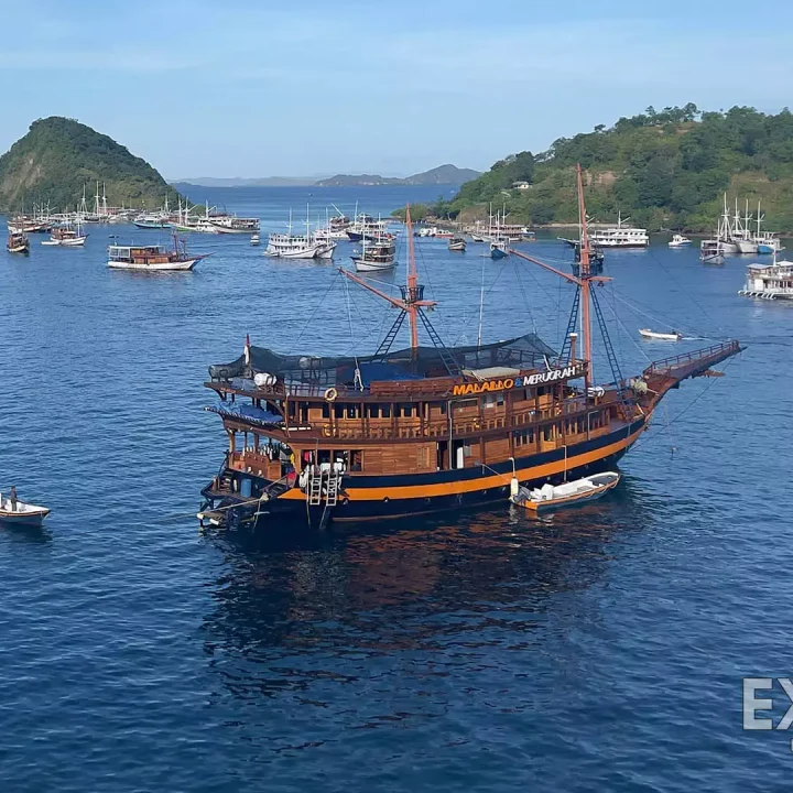 Labuan Bajo with Phinisi boats anchored in the harbor